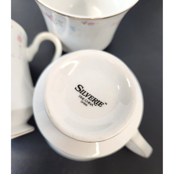 Silverie Fine China Footed Teacup Gold Trim Pink Floral Pattern Set of 3 - Picture 5 of 10